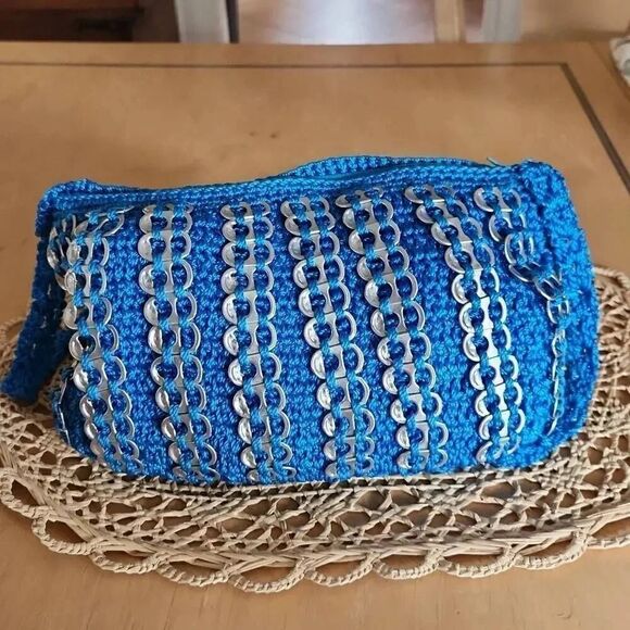 Handmade crochet recycle soda pull tabs blue bag - Picture 2 of 4